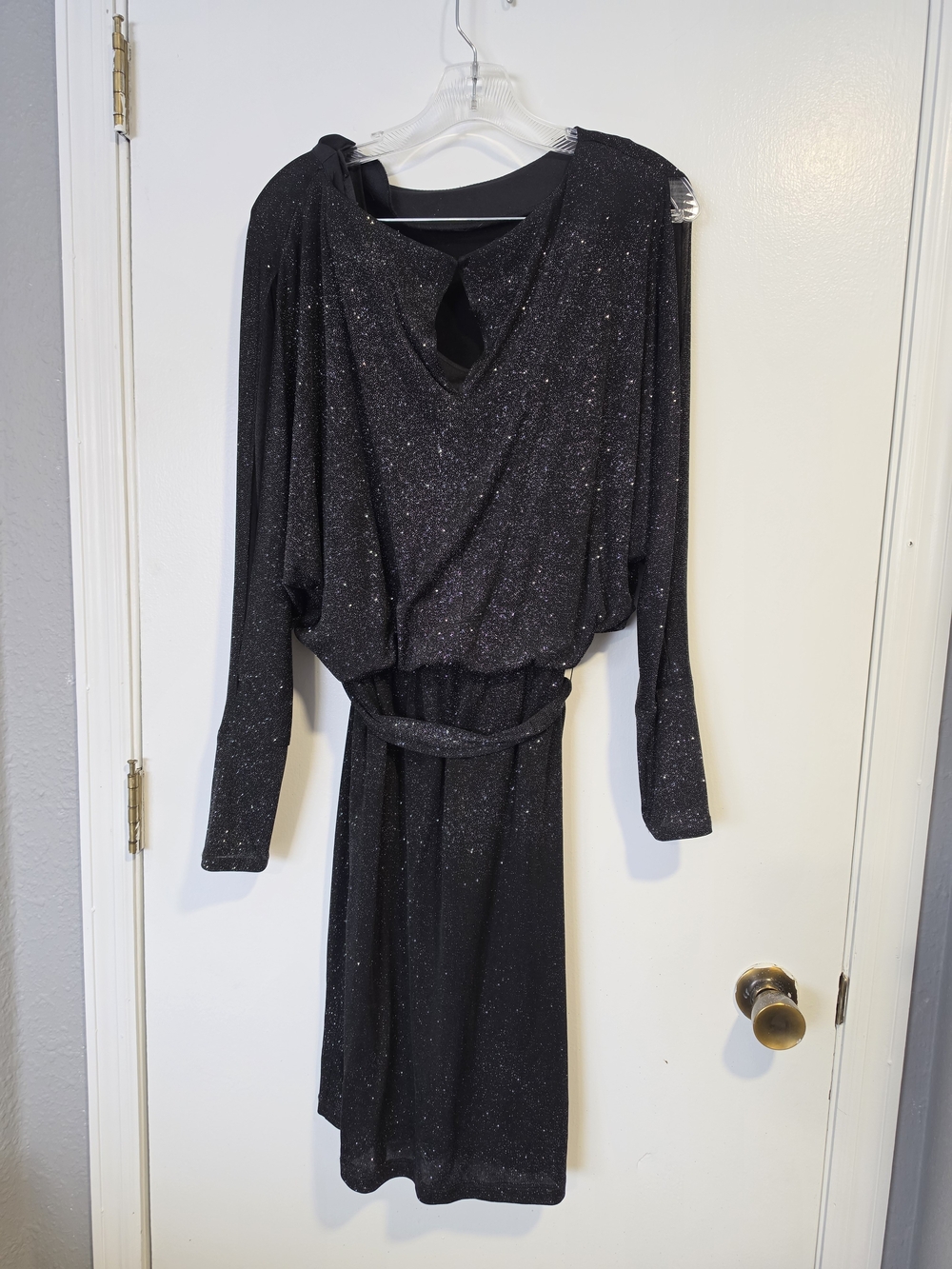 Cachet Black Sparkle Long Sleeve Belted Midi Dress